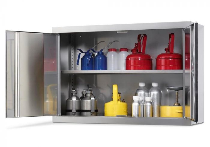 Väggskåp för kemikalier Inox HSE2, med pardörr, 1 hyllplan och 1 golvkar