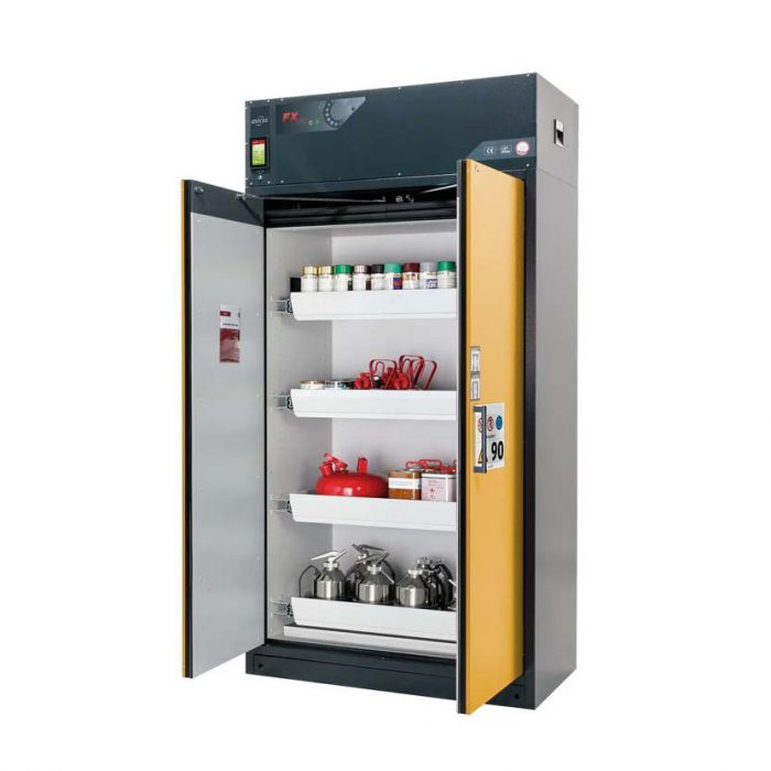 Brandklassat kemikalieskåp Custos E-124 med fyra utdragskar och ventilation - Gul