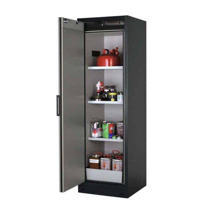 Brandsäkert kemikalieskåp Select W-63L-O bredd 600 mm, 3 hyllplan, vänsterhängd dörr - Silver
