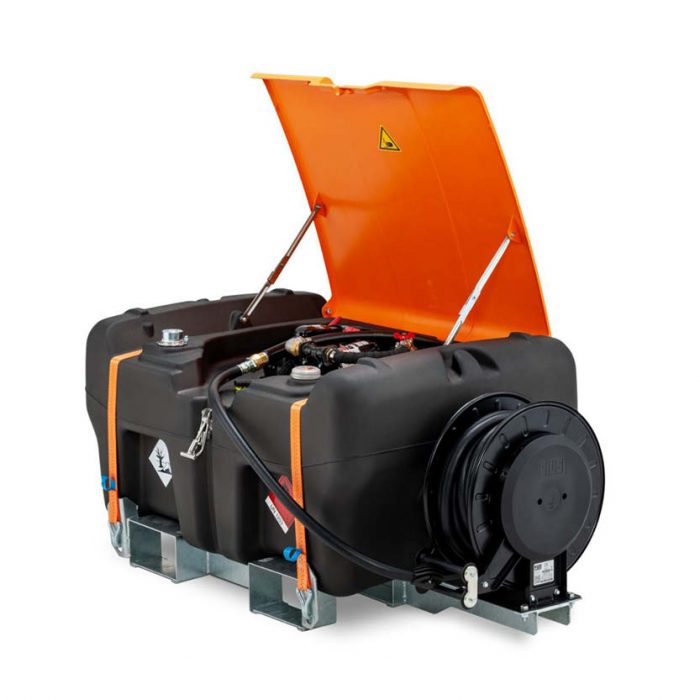 Mobil bensintank 330 L Premium, med 12V pump och slangvinda