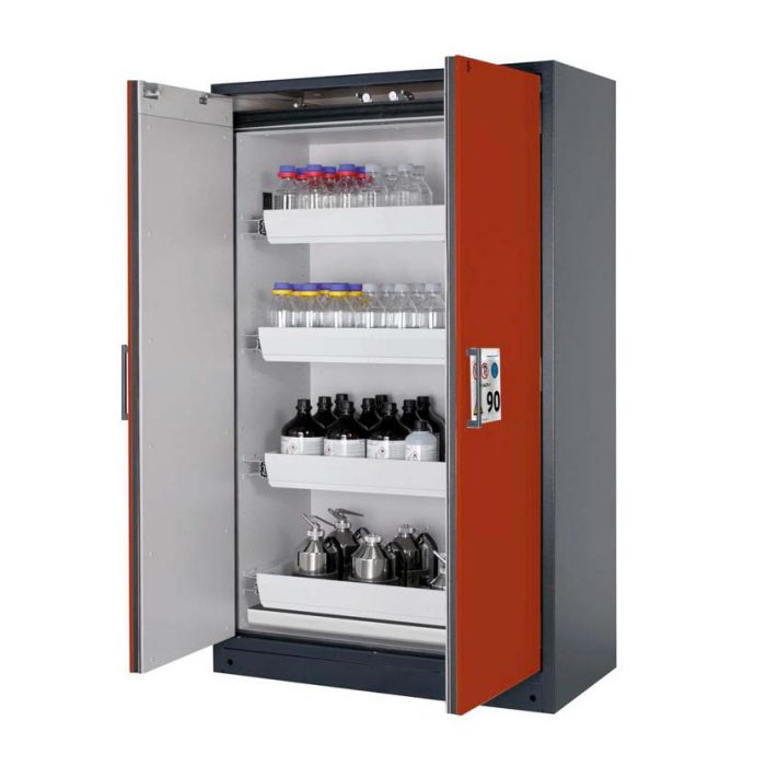 Brandsäkert kemikalieskåp Select W-124-O bredd 1200 mm, 4 utdragskar - Röd