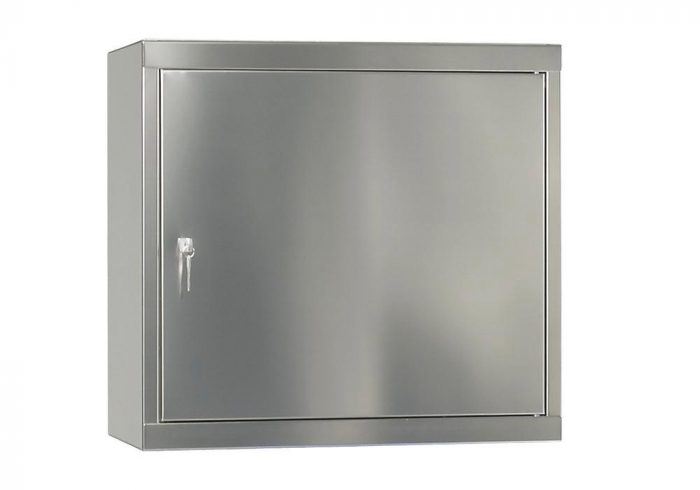 Väggskåp för kemikalier Inox HSE1, med enkeldörr, 1 hyllplan och 1 golvkar