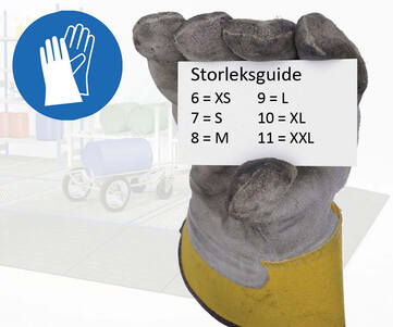 En arbetshandske som håller i ett kort som visar en storleksguide.