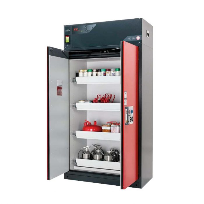 Brandklassat kemikalieskåp Custos E-124 med fyra utdragskar och ventilation - Röd