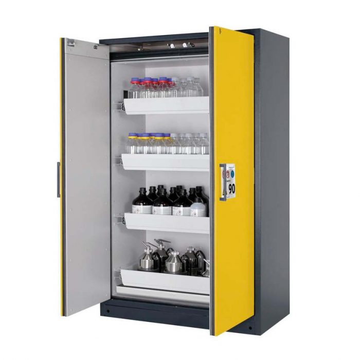 Brandsäkert kemikalieskåp Select W-124-O bredd 1200 mm, 4 utdragskar - Gul