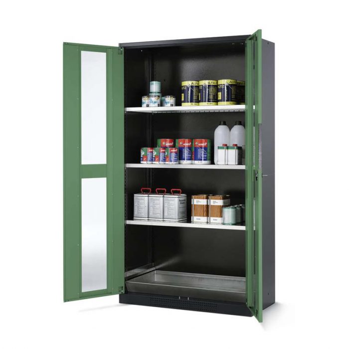 Kemikalieskåp Systema CS103G, med pardörrar, tre hyllplan och glasinsats - Grön