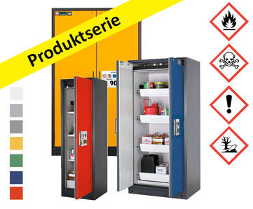 Tre modeller av brandsäkra kemikalieskåp Select med en brandklass på 90 min.