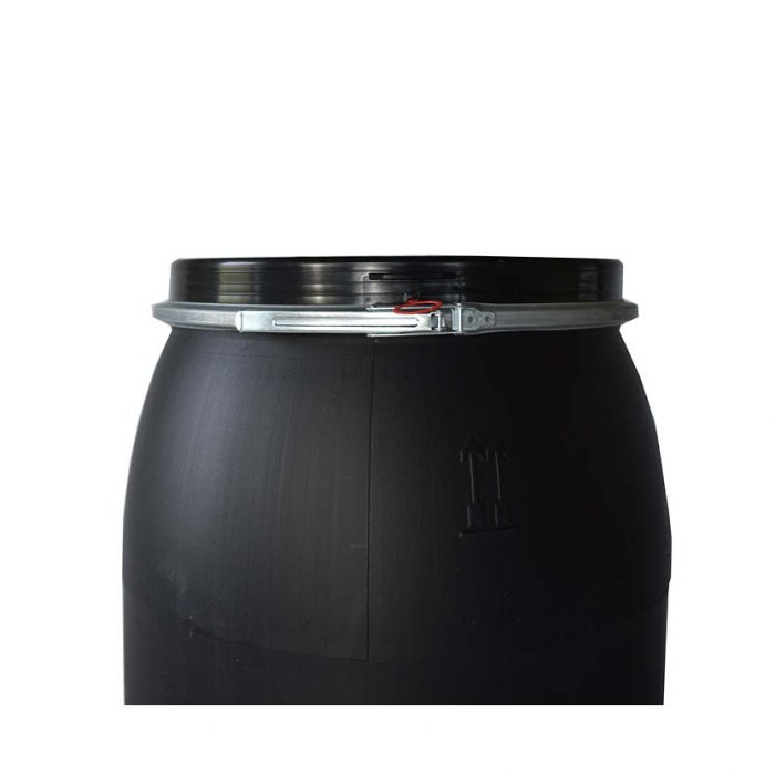 Plastfat 200 L, svart, UN, lock med spännring