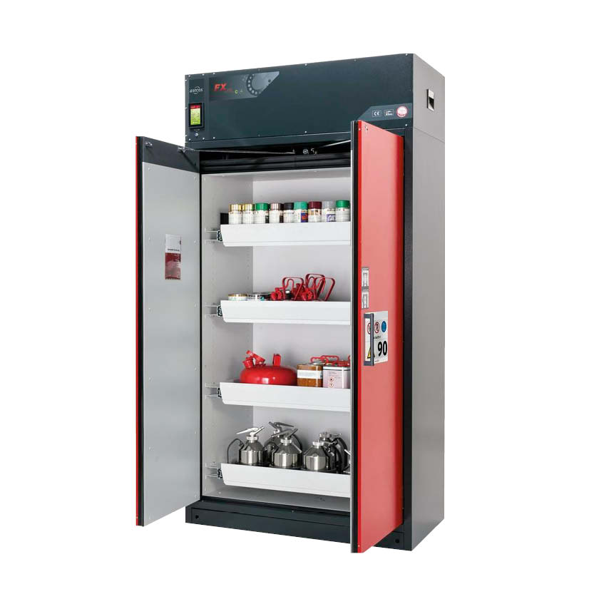 Brandklassat kemikalieskåp Custos E-123 med tre hyllplan och ventilation - Röd